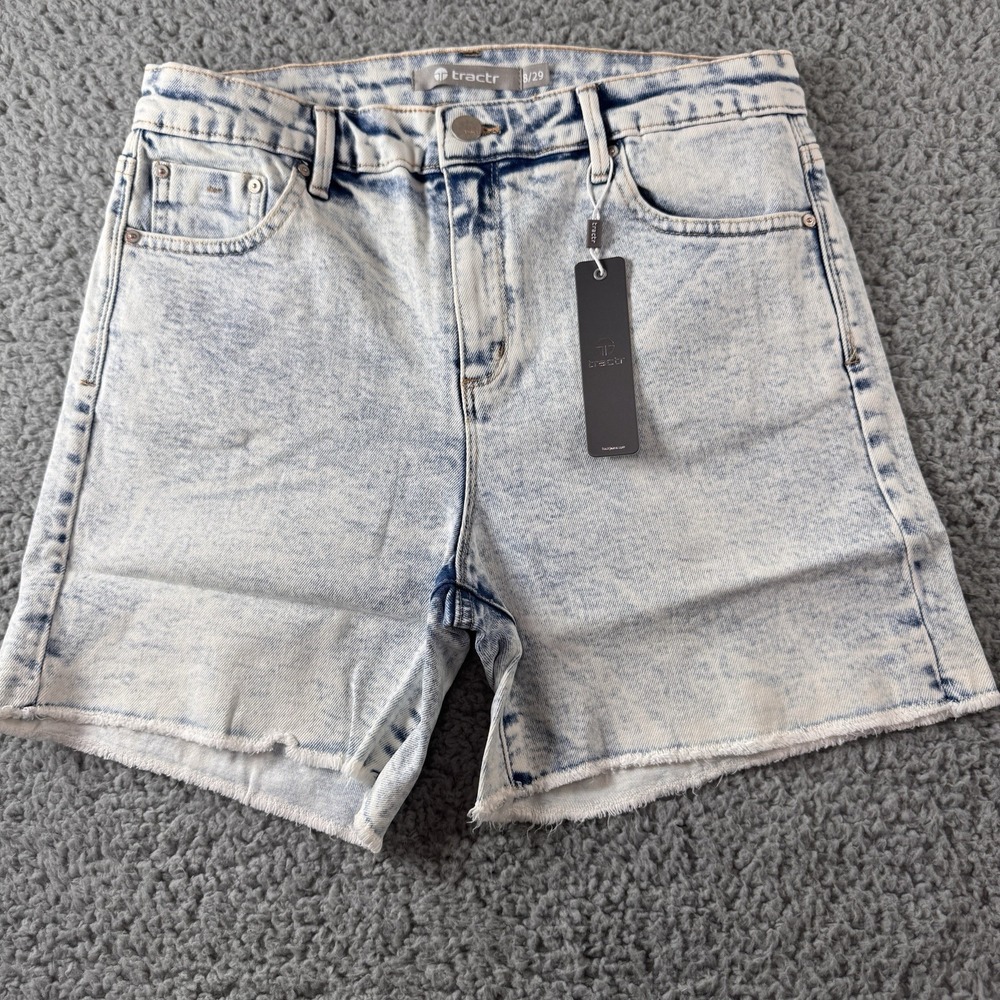 Tractr Acid Wash Blue Light Indigo High Rise Raw Hem Denim Shorts 8/29 NWT
